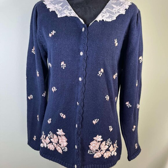 Herman Geist Vintage Embroidered Cardigan W/Lace Collar SZ M Preppy Cottagecore - Picture 1 of 7